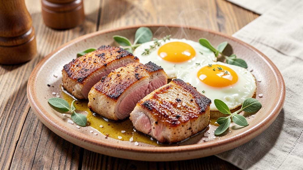 Breakfast Pork Chops with Eggs Recipe: Crispy Pan-Seared Pork Over Runny Yolks
